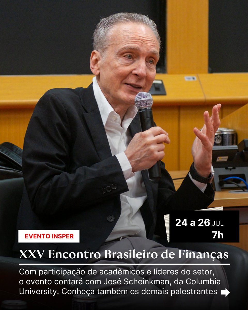 Insper's tweet photo. 📢 Vem aí o XXV Encontro Brasileiro de Finanças!
🗓️ 24 a 26/7/2025 | 📍Insper – SP
Com nomes como Scheinkman, Ian Martin e Tano Santos.
🎯 Pesquisa, networking e inovação no setor financeiro.
🔗 https://t.co/Ho526fOA3S
#SBFin #Finanças #Insper https://t.co/Ubb5L0s7Ag