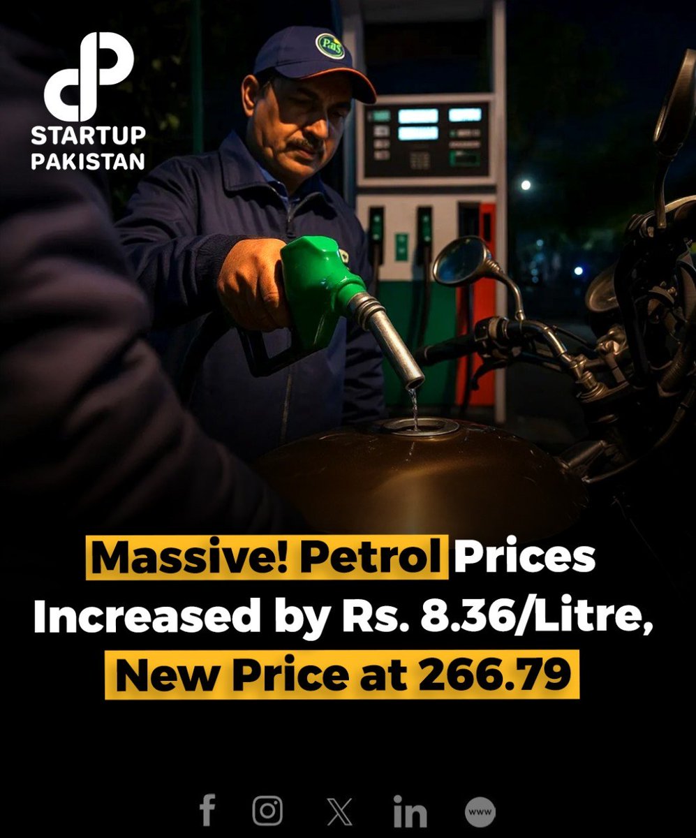 PakStartup's tweet image. The federal government has raised petrol prices by Rs8.36 per litre for the next two weeks, effective July 1, 2025, as per an official notification. 

Disclaimer: Image is just for reference.

#PetrolPrice #FuelHike #DieselRate #PakistanEconomy #EnergyCrisis #Inflation