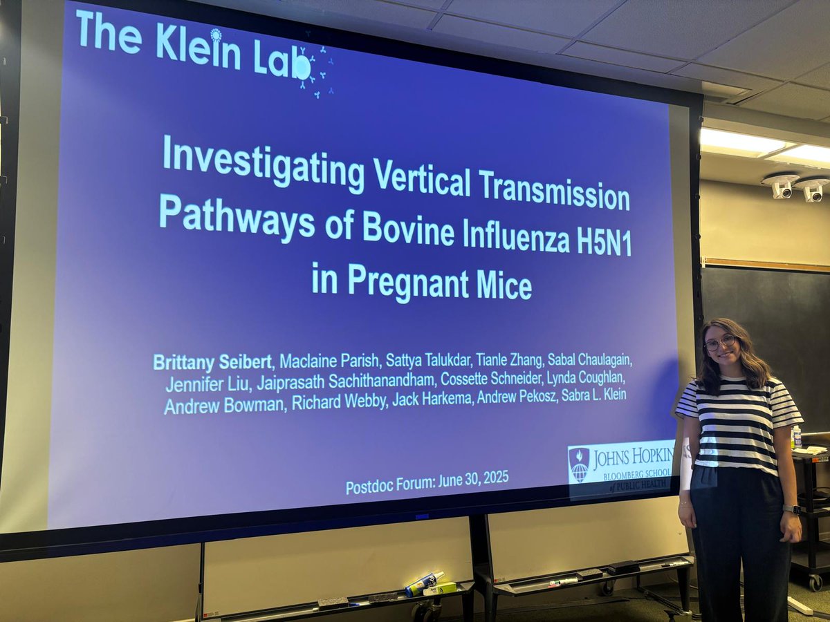 JohnsHopkinsMMI's tweet image. A *BIG* T-h-a-n-k Y-o-u to MMI Postdoctoral Fellow & @KleinLab member Brittany Seibert, PhD, for her excellent presentation today!
Each Monday through July 28 MMI postdocs will present highlights of their current research
#postdocs #H5N1 #BovineInfluenza #PregnantMice