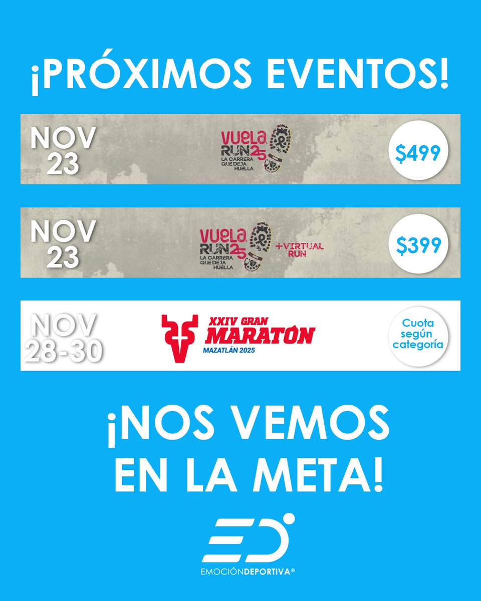 Emoción Deportiva (@emociond) on Twitter photo ¡Vive la emoción deportiva!
Haz que el próximo desafío sea inolvidable para ti o para alguien especial, ¡regala deporte!. 💪🌟
📲 Inscríbete en buff.ly/5tVCuvp o acude a Tiendas Martí y elige tu próximo reto.
✨ ¡Nos vemos en la meta!
#RegalaDeporte #CorreConEmoción ¡Vive la emoción deportiva!
Haz que el próximo desafío sea inolvidable para ti o para alguien especial, ¡regala deporte!. 💪🌟
📲 Inscríbete en buff.ly/5tVCuvp o acude a Tiendas Martí y elige tu próximo reto.
✨ ¡Nos vemos en la meta!
#RegalaDeporte #CorreConEmoción