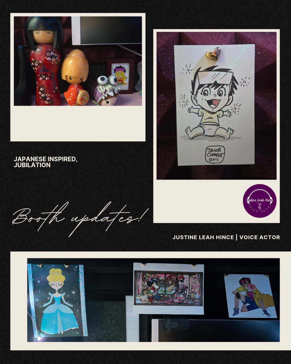 justineleahVA's tweet photo. 👘 Booth updates - visual inspiration ✨️

- Japanese Dolls from my childhood ❤️
- Jubilee art gifted by my SDCC colleagues 💛
- Boo 'cause I'm just a grown-up version of her 💜
- Cinderella was the first (but not last!) princess I've played 💙

#voiceactor #voiceoverbooth https://t.co/JbDSG958Om