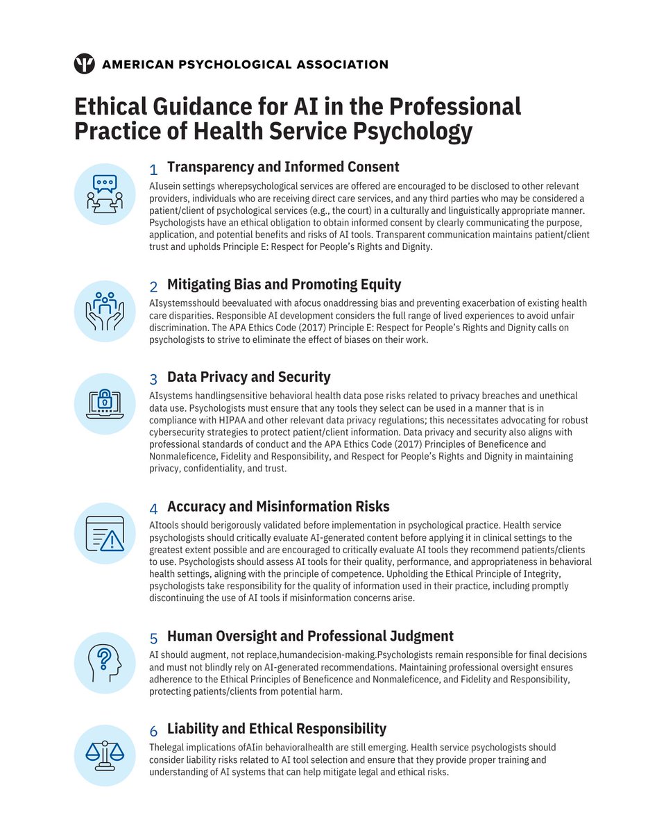 cbitshealth's tweet image. New from APA: Ethical guidance on the use of AI in health service psychology 🤖🧠
Developed with the Mental Health Technology Advisory Committee, this resource supports psychologists & #mentalhealth providers navigating the AI landscape.
Read more below!
tinyurl.com/5n6wxdw5