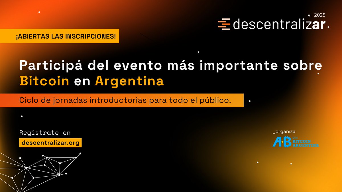 🎉 ¡Abiertas las inscripciones a #DescentralizAR 2025!
El evento federal, gratuito y abierto sobre Bitcoin te espera. 🚀🧡

📍 Este año visitamos tres nuevas ciudades, vos elegís a cuál ir:
👉🏼 Posadas (Misiones) – 22/8 | Parque del Conocimiento
👉🏼 Paraná (Entre Ríos) – 29/8 |