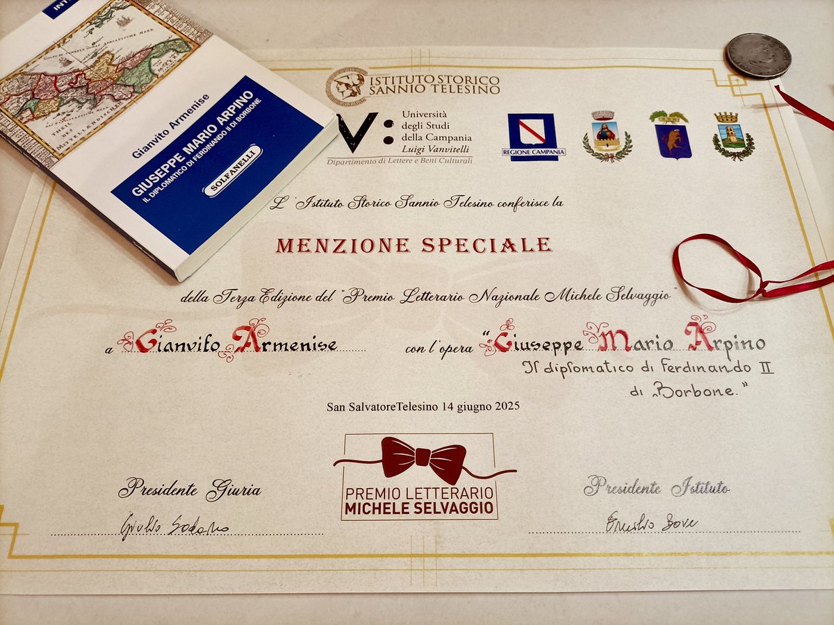 La pergamena del Premio "Michele Selvaggio" per il quarto posto assegnato al mio saggio "Giuseppe Mario Arpino. Il diplomatico di Ferdinando II di Borbone" (<a href="/ESolfanelli/">Edizioni Solfanelli</a> e prefazione di <a href="/marino_pagano/">Marino Pagano</a>)