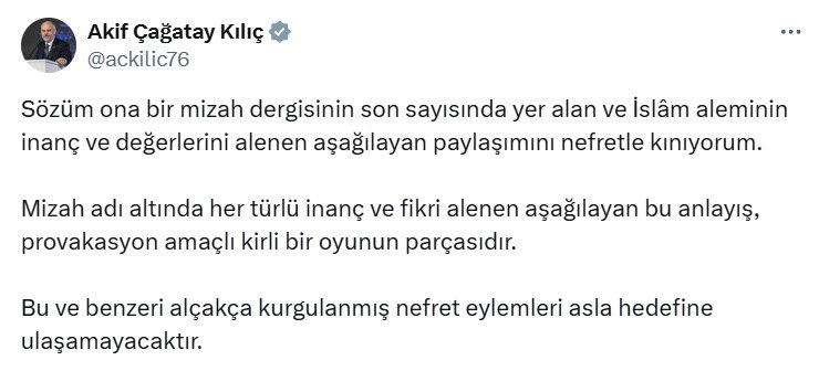 Cumhurbaşkanı Başdanışmanı Akif Çağatay Kılıç:

"Mizah adı altında her türlü inanç ve fikri alenen aşağılayan bu anlayış, provokasyon amaçlı kirli bir oyunun parçasıdır.  Bu ve benzeri alçakça kurgulanmış nefret eylemleri asla hedefine ulaşamayacaktır."

#lemandergisikapatılsın