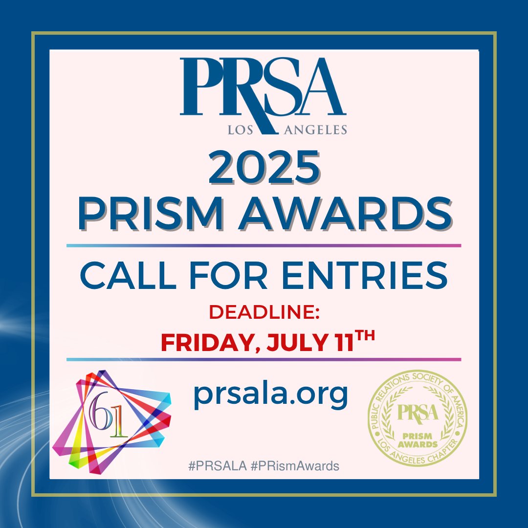 PRSALA's tweet image. Submit your entries now to beat the PRism entry rush!
Deadline:
Mon July 11 2025, 11:59 pm PT
PRSALA Members: $200/entry/Non-Members: $250/entry
Bulk Rate: $25/entry off 3/more entries. Special awards not included. Members use EARLY3/Nonmembers use SAVE3 
prsala.org