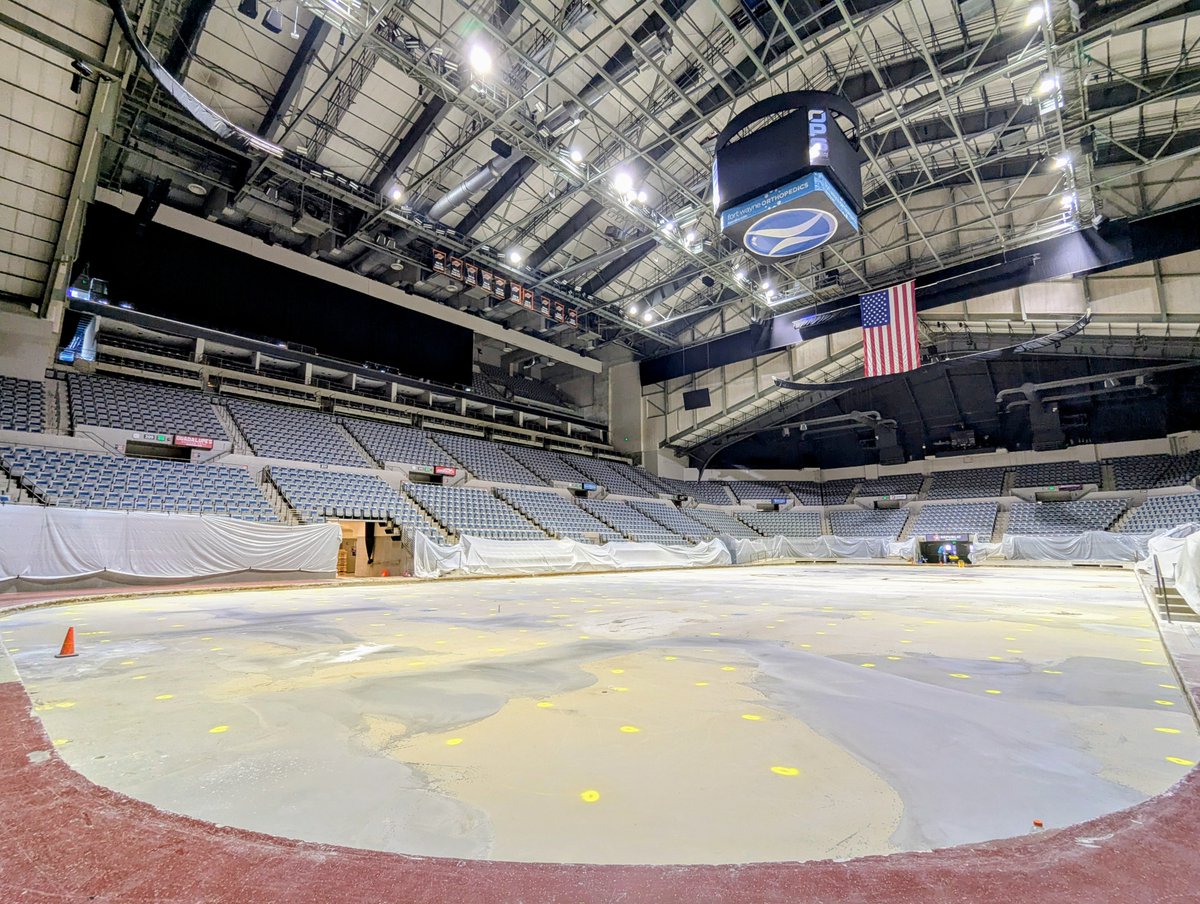 Last week's construction included delivery of the skid! The skid freezes the ice. It is the central nervous system that funnels CO2 through the floor piping.

The team worked diligently this week to mix and place concrete leveler. Approximately 3,200 bags of leveler were used!