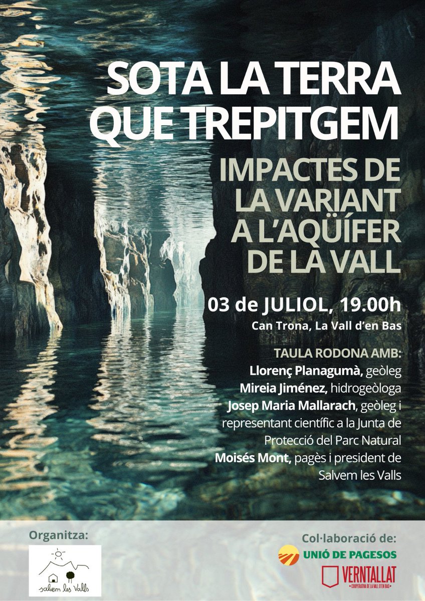 📣 *Sota la terra que trepitgem*
🗓️ Dijous 3 de juliol, 19h
📍 Can Trona, La Vall d’en Bas
Sí vols tenir més informació sobre els possibles impactes que pot tenir la construcció de la variant a l'aqüífer de La Vall d'en Bas, t'esperem! <a href="/jm_mallarach/">Josep Maria Mallarach</a> <a href="/uniopagesos/">Unió de Pagesos</a> <a href="/aiguaesvida/">Aigua és Vida</a>