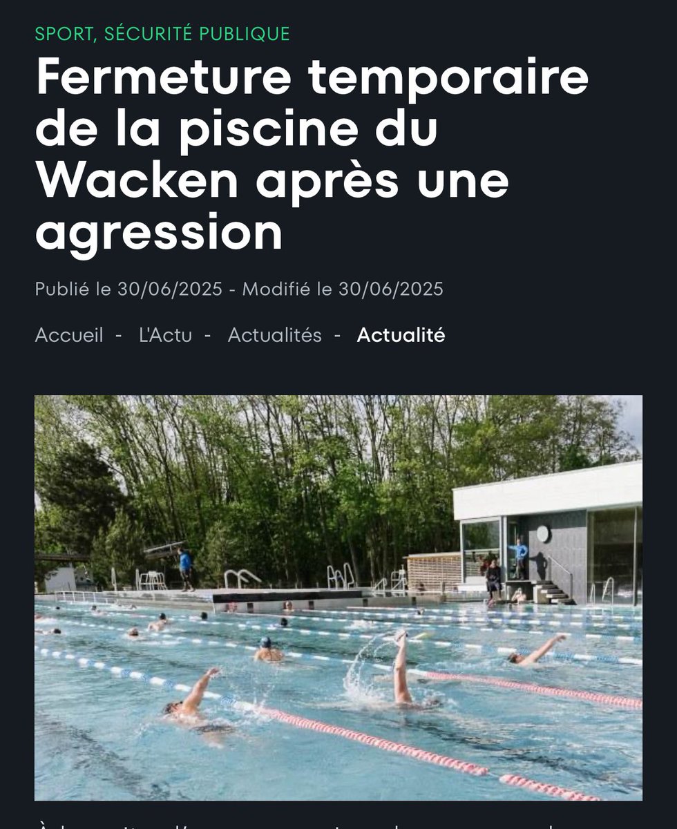 Après la #piscine de #Hautepierre, c’est à présent la piscine du #Wacken qui ferme suite à des actes de violence intolérables. 

Je les condamne avec la plus grande fermeté et j’apporte tout mon soutien à l’ensemble des agents de nos piscines. Ils agissent au quotidien pour le