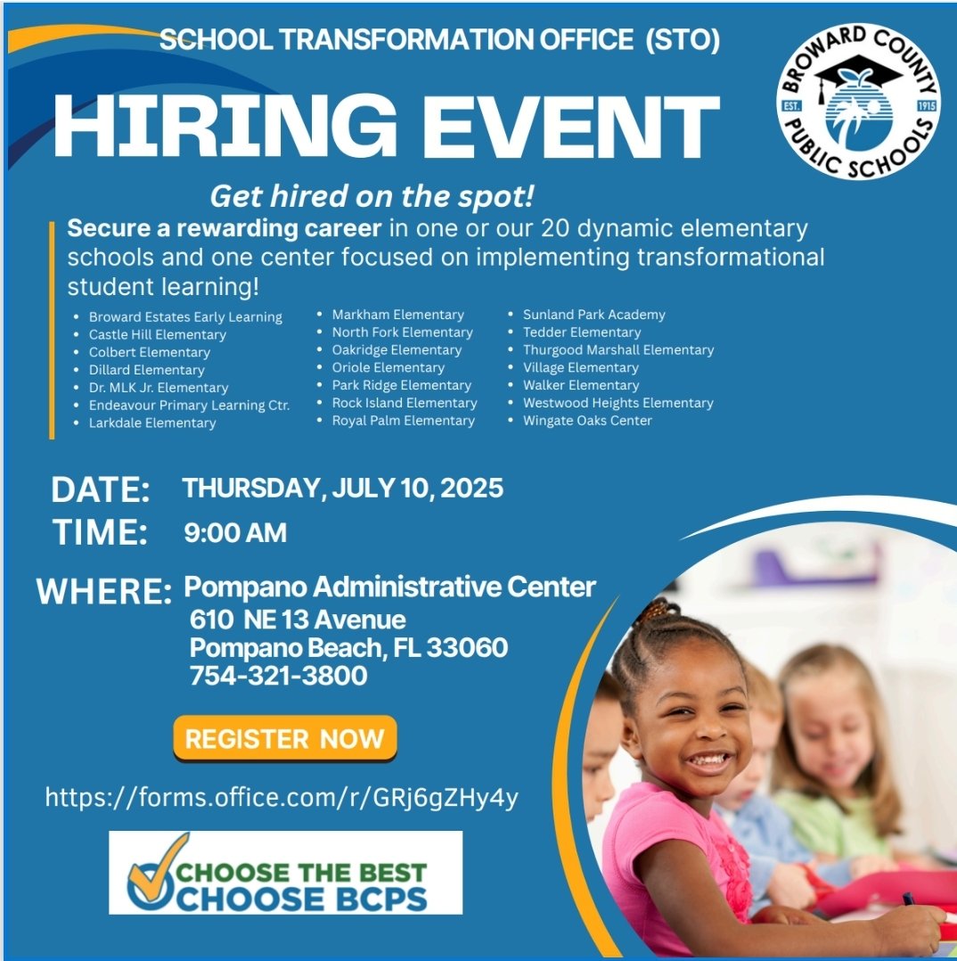 🗣 Spread the word! The School Transformation Office will host its exclusive hiring event on 7/10 @ 9.  Come ready to secure your future career with BCPS finest. Register via the link, and we will see you there! #choosethebestchooseBCPS <a href="/BcpsSto/">BCPS School Transformation Office</a>