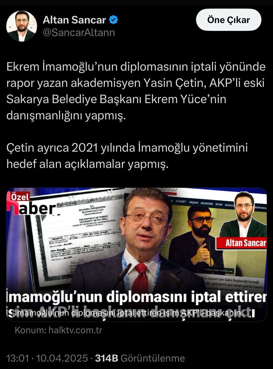 AltanSancar1's tweet photo. Halk TV’de yaptığım, İmamoğlu’nun diplomasının iptali için rapor yazan akademisyenin AK Partili başkanın danışmanı olduğuna dair haber için içerik çıkarma kararı verilmesine dair yaptığım paylaşıma içeriğin çıkarılması kararı verildi. https://t.co/eY6lyKG6G1