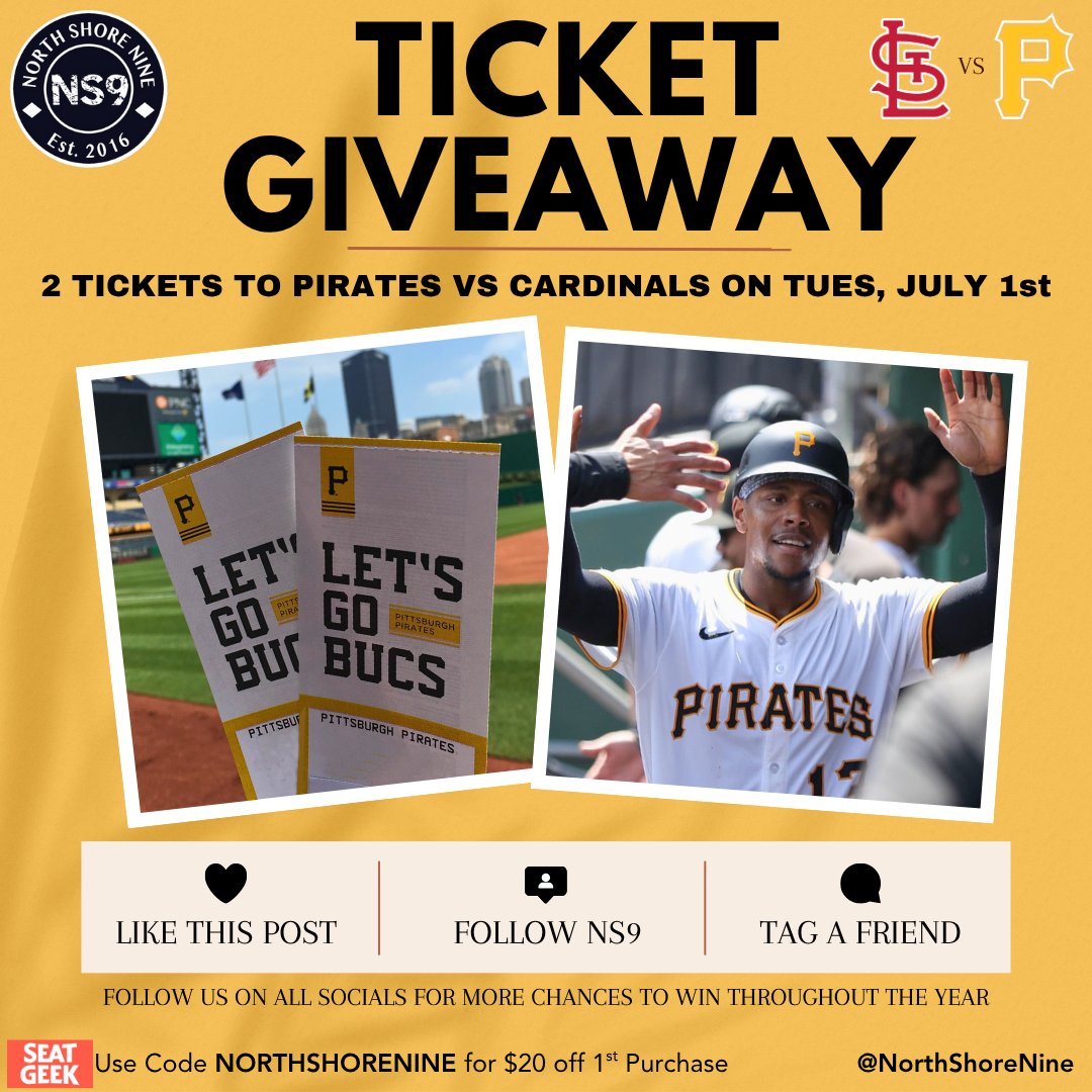 NorthShoreNine's tweet photo. We’re giving away 2 BallPark Passes to see the Pirates take on the Cardinals at PNC Park Tuesday, July 1st!

Here’s how to enter:
1. Retweet this post
2. Follow @NorthShoreNine
3. Tag a friend

Winner will be announced tonight at 8 PM.

More giveaways coming all season long — don’t miss your shot to catch the Bucs live! Also, if you miss out on this you can still get 20% off your first purchase at SeatGeek using promo code NORTHSHORENINE