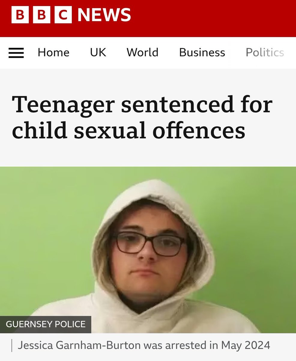 GUERNSEY: Now 18 YO MAN, 'Jessica' Garnham-Burton, has been sentenced to 32 months in youth detention for child s3xual offences.

He posed as a young child on snapchat. He pleaded guilty to 10 counts, incl. 6 of making indecent images of children.

BBC fail to say he's male.
