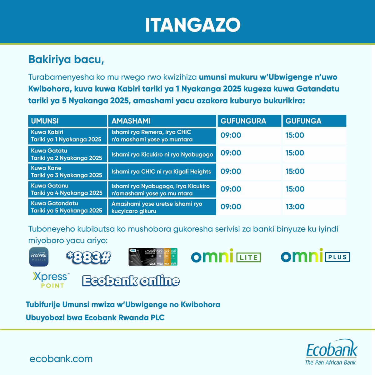 Public Notice/ Itangazo
#Ecobankrw #Abetterway