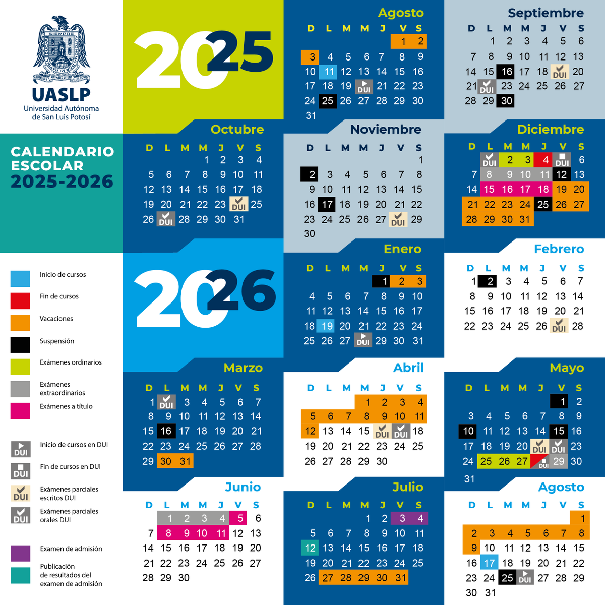 LaUASLP's tweet photo. 💙💛 Comunidad #UASLP: 

Compartimos el Calendario Escolar 2025-2026 de la institución, aprobado por el H. Consejo Directivo Universitario. https://t.co/Bj4l9EAHJf