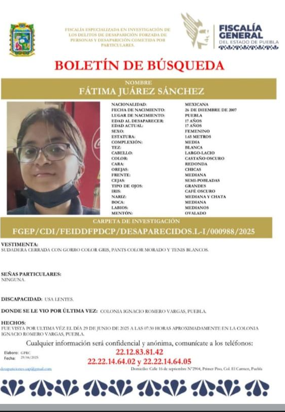 JCarlos_Valerio's tweet photo. #ServicioSocial || Solicitamos su ayuda para localizar a Fátima Juárez Sánchez, de 17 años de edad. Fue vista por última vez en la col. Ignacio Romero Vargas. Inf. 2212838142. 

#Puebla https://t.co/Rbn7W4zoRf