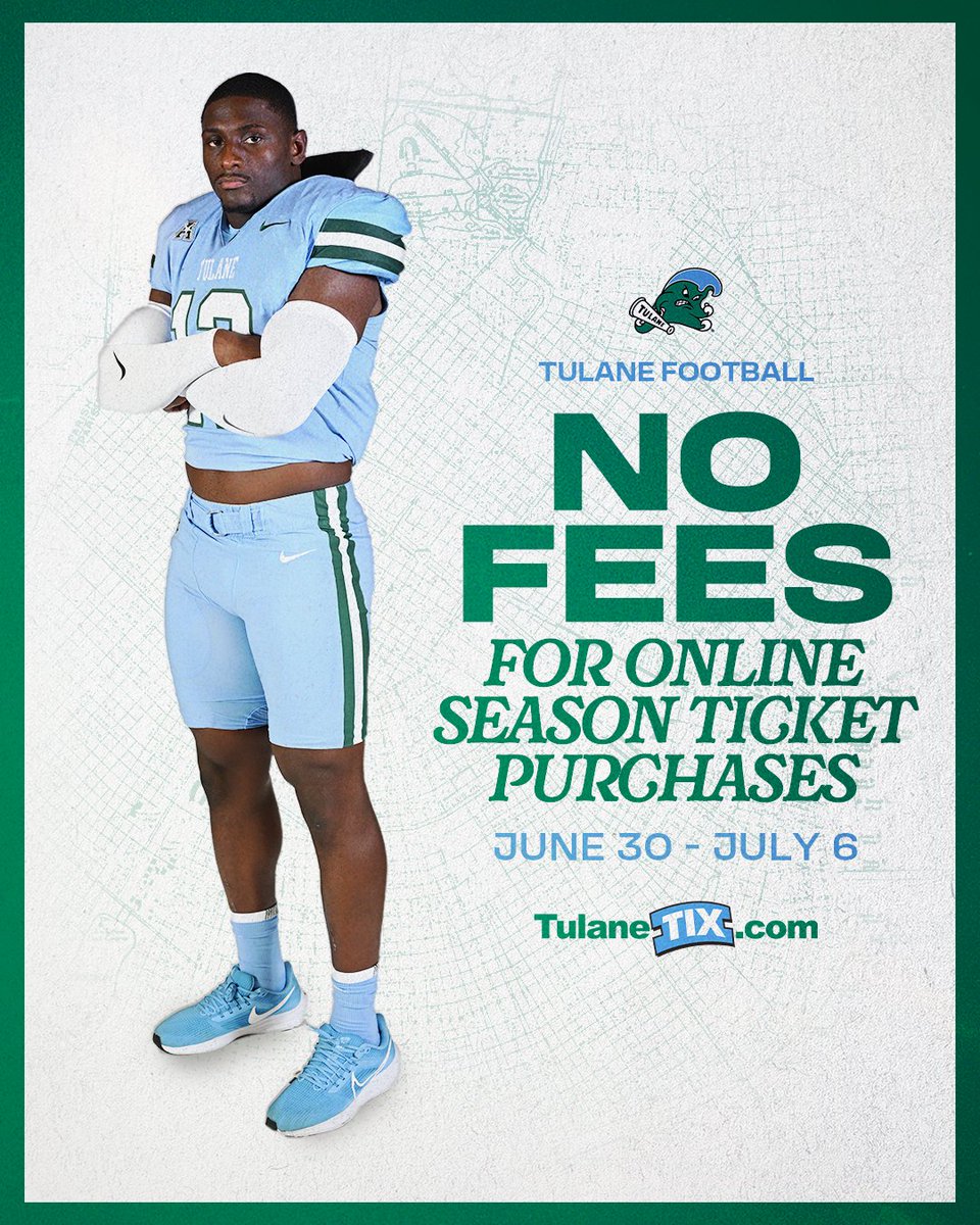 Stars, stripes, and NO FEES on Green Wave season tickets 🇺🇸

Now through July 6, grab your 2025 Football season tickets with zero fees — just use promo code FREEDOM at TulaneTix.com! 

🎟️ tulanegreenwave.evenue.net/promotions/FRE…

#RollWave