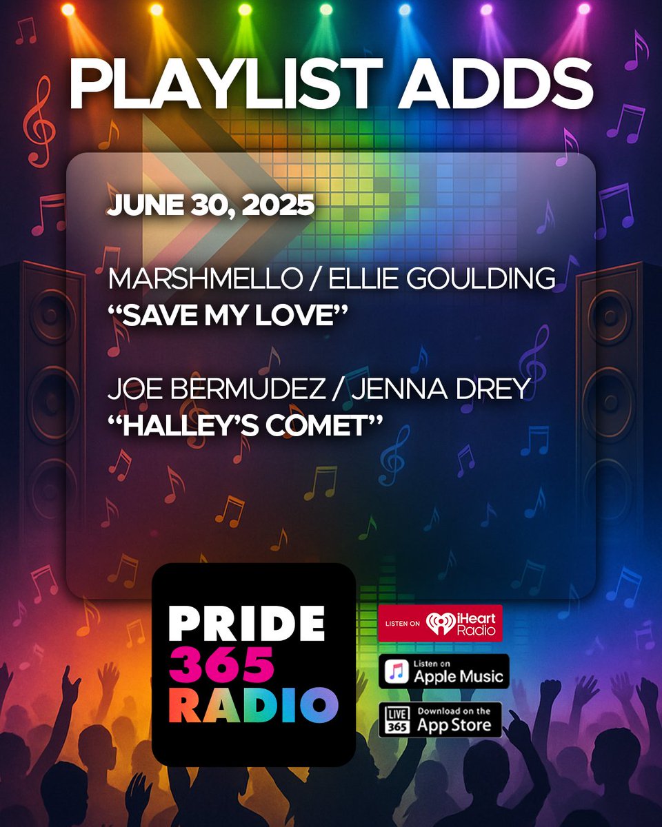 Pride365 Radio (@pride365radio_) on Twitter photo New Music Monday featuring new tracks from <a href="/CapitalPrideDC/">Capital Pride</a> alum <a href="/marshmello/">marshmello</a> and <a href="/elliegoulding/">Ellie Goulding</a> AVAION with #SaveMyLove plus <a href="/JoeBermudez/">Joe Bermudez</a> and Jenna Drey with #HalleysComet
Listen anytime on <a href="/iheartradio/">iHeartRadio</a> @live365official <a href="/applemusic/">Apple Music</a> pride365.org/listen
#newmusicmonday New Music Monday featuring new tracks from <a href="/CapitalPrideDC/">Capital Pride</a> alum <a href="/marshmello/">marshmello</a> and <a href="/elliegoulding/">Ellie Goulding</a> AVAION with #SaveMyLove plus <a href="/JoeBermudez/">Joe Bermudez</a> and Jenna Drey with #HalleysComet
Listen anytime on <a href="/iheartradio/">iHeartRadio</a> @live365official <a href="/applemusic/">Apple Music</a> pride365.org/listen
#newmusicmonday