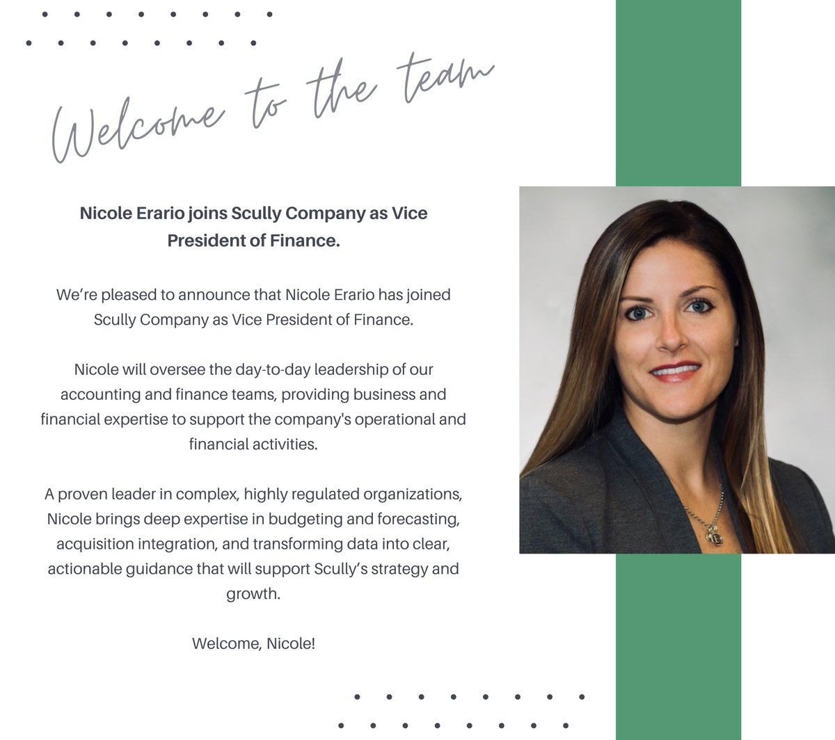 We're excited to welcome Nicole Erario to the Scully Company Team!

Nicole brings talent and experience to her new role as Vice President of Finance. We're happy to have you on the team, Nicole! #ScullyPride