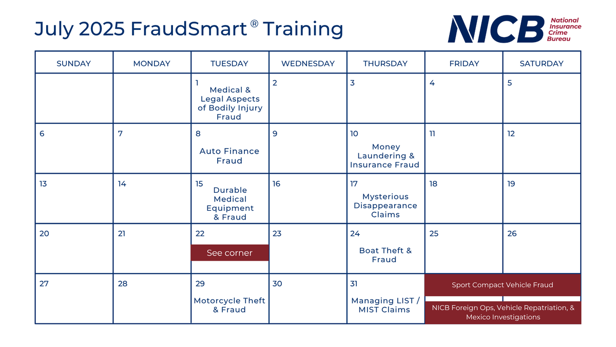 insurancecrime's tweet image. July is Vehicle Theft Prevention Month. From auto finance fraud to boat theft & fraud, we have you covered. Take advantage of vehicle-focused FraudSmart courses - free for NICB Members. Learn more: nicb.org/FraudSmart