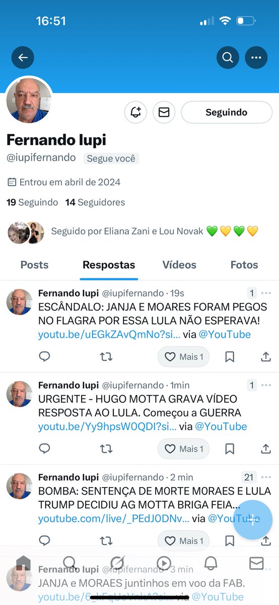 Bem vindo <a href="/iupifernando/">Fernando Iupi</a> ! Vou te seguir também com a conta reserva <a href="/RICKSERGIOBSB/">SERGIO RICARDO- RESERVA @SERGIOR49076581</a> 🤝🤝Patriotas, vamos tentar fazer Fernando passar de 100 seguidores?🤝🤝🇧🇷🇧🇷💪💪PEÇO A FERNANDO QUE SIGA DE VOLTA TODOS OS PATRIOTAS QUE IRÃO TE SEGUIR, COMBINADO FERNANDO?