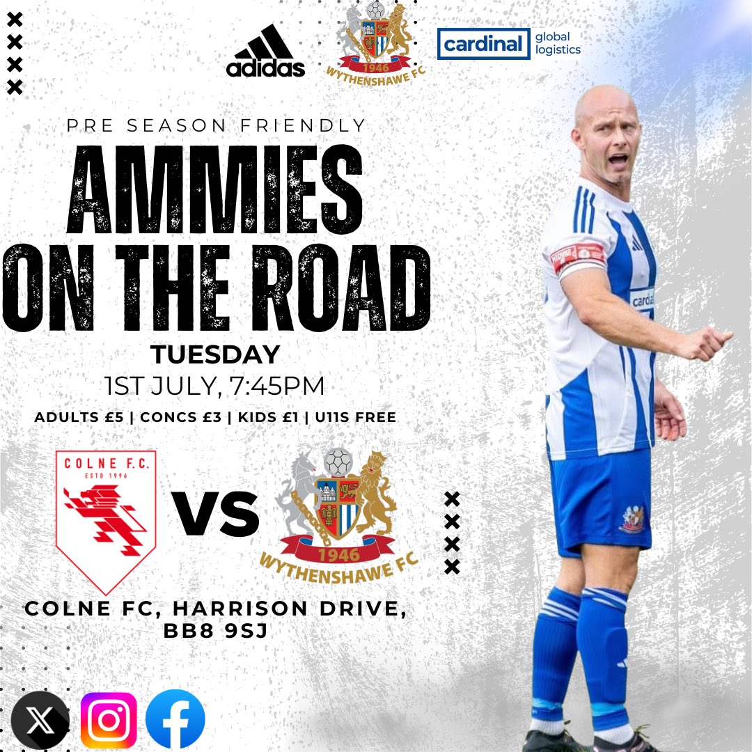 New Era…

Tomorrow, join the Ammies On The Road as we begin our Pre Season campaign at <a href="/Colne_FC/">Colne F.C.</a>

📅 Tuesday 1st July
⏰ 7:45PM
📍 Colne FC, Harrison Drive, BB8 9SJ
🎟️ Adults £5, Concs £3, Kids £1, U11s Free

Join the journey! We look forward to seeing you there!

#Wythenshawe