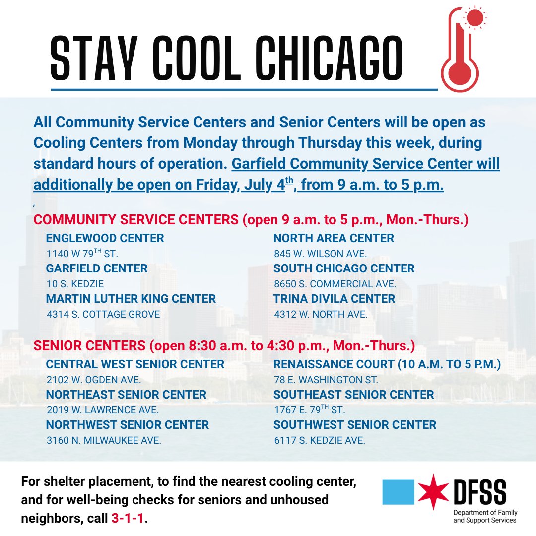 ChiFamSupport's tweet image. DFSS's community service centers and senior centers are open Monday through Thursday this week for cooling.
Garfield Community Service Center will be also open from 9 a.m. to 5 p.m. on Friday, July 4 for cooling.
View all citywide cooling locations: data.cityofchicago.org/.../Cooling...…