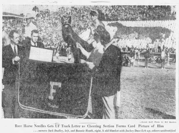 GatorsScott's tweet photo. That time #Gators awarded Needles, first Florida-bred horse to win Kentucky Derby, an honorary letter at halftime of 1956 home game vs. Miami ... #didnotknow https://t.co/PZg06C8L5x