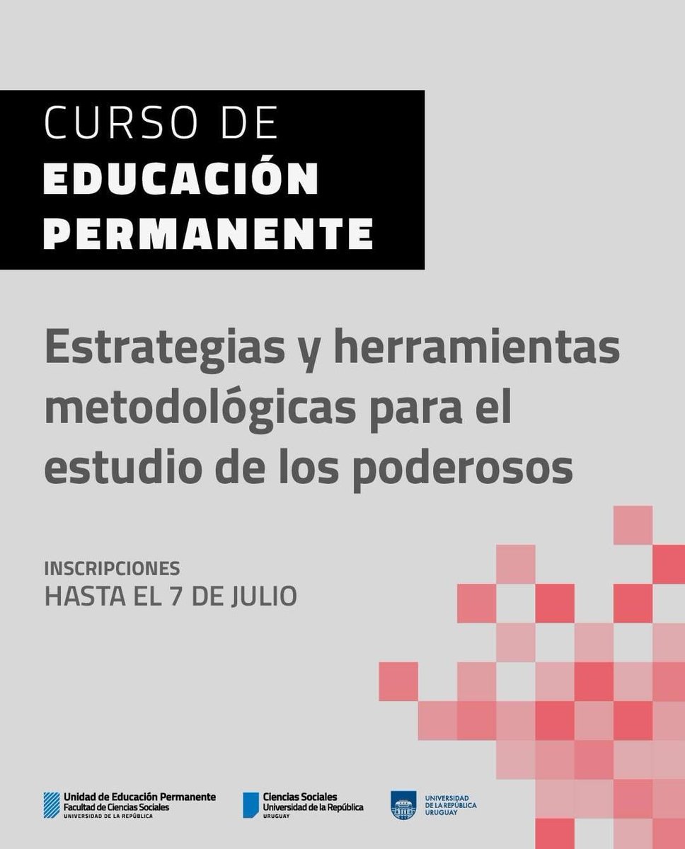 Gabriel Tenenbaum (@gtenenbaum) on Twitter photo Gratuito y abierto a todo público: curso corto sobre "Estrategias y herramientas metodológicas para el estudio de los poderosos".
Invitados especiales <a href="/LucasMartinSil/">Lucas Silva</a> <a href="/patodiazGNU/">Patricia Diaz 🇺🇾</a> <a href="/emilianozf/">Emiliano Zecca</a> y más.
Inscripción en: cienciassociales.edu.uy/estudiantes/es… Gratuito y abierto a todo público: curso corto sobre "Estrategias y herramientas metodológicas para el estudio de los poderosos".
Invitados especiales <a href="/LucasMartinSil/">Lucas Silva</a> <a href="/patodiazGNU/">Patricia Diaz 🇺🇾</a> <a href="/emilianozf/">Emiliano Zecca</a> y más.
Inscripción en: cienciassociales.edu.uy/estudiantes/es…