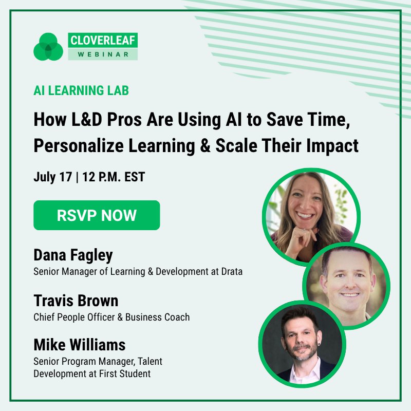 AI isn’t the future of L&amp;D, it’s your team’s reality right now.

Join us July 17 at 12 PM EST to see how L&amp;D leaders are using AI to:

📌 Save your seat (or register for the replay): cloverleaf.me/resource/ai-le…

#ai #learninganddevelopment #peoplestrategy #talentdevelopment