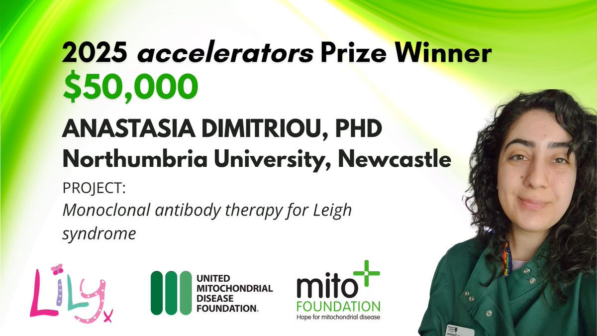 Science & Alliance - UMDF (@umdfscience) on Twitter photo Announcing $50,000 in collaborative #mitoresearch funding from <a href="/4Lilyfoundation/">The Lily Foundation</a>, Mito Foundation, and UMDF for the 2025 accelerators award to Anastasia Dimitriou, PhD of Northumbria University at Newcastle for her project "Monoclonal antibody therapy for Leigh syndrome." #leigh Announcing $50,000 in collaborative #mitoresearch funding from <a href="/4Lilyfoundation/">The Lily Foundation</a>, Mito Foundation, and UMDF for the 2025 accelerators award to Anastasia Dimitriou, PhD of Northumbria University at Newcastle for her project "Monoclonal antibody therapy for Leigh syndrome." #leigh