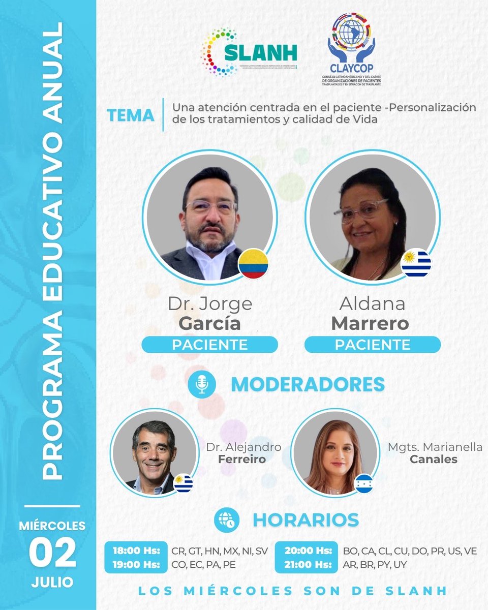PROGRAMA EDUCATIVO ANUAL DIALOGANDO CON EXPERTOS DE SLANH
🚀 TEMA: “Una atención centrada en el paciente - Personalización de los tratamientos y calidad de Vida”

🗓️ Miércoles 02 de julio de 2025
🕖 19:00 Hs: 🇵🇦

✅ REGISTRATE AQUI: bit.ly/slanh02julio 👈