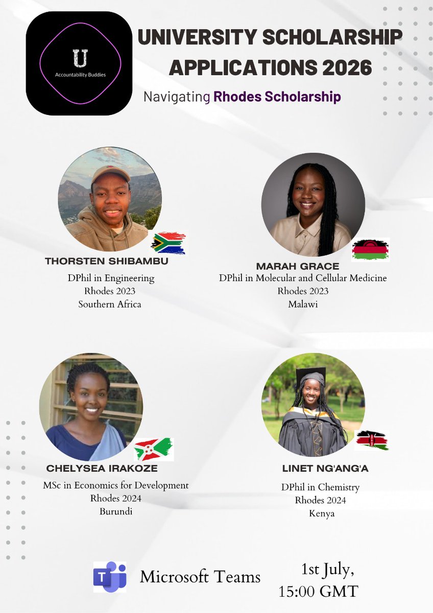 MATIVOTRISH's tweet image. Tues 1st July, we are hosting a Rhodes Info session. Rhodes Scholarship is a prestigious fully funded scholarship to study at University of Oxford. Come learn from personal experiences of recent successful candidates.
Date July 1st, 2025
Time: 3pm GMT|| 6pm EAT|| 5pm SAST…