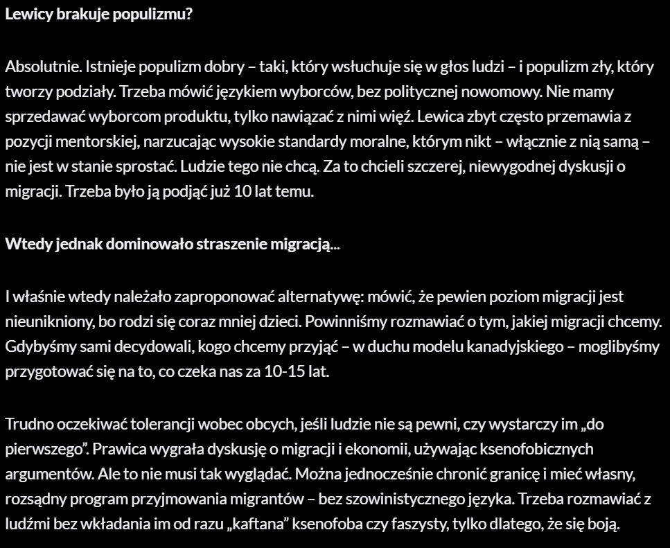 Wiosną rozmawiałem z <a href="/J_Wlodarczyk/">Jędrzej Włodarczyk</a>, szefem Nowej Lewicy w Gdańsku. Głównym tematem rozmowy była sytuacja na lewicy oraz jej słabnące notowania. Był też wątek dotyczący migracji. Polecam uwadze:
xyz.pl/jedrzej-wlodar…