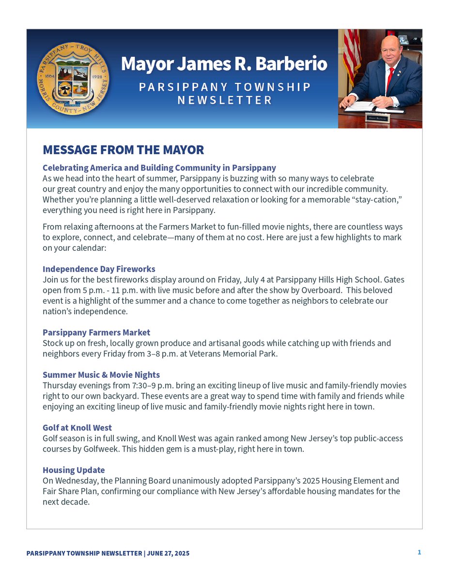 Mayor James Barberio shares summer updates from Parsippany. 🇺🇸 From upcoming July 4th fireworks to weekly Farmers Markets, and community events, there’s so much going on! Read the full newsletter here: mailchi.mp/parsippany/070…