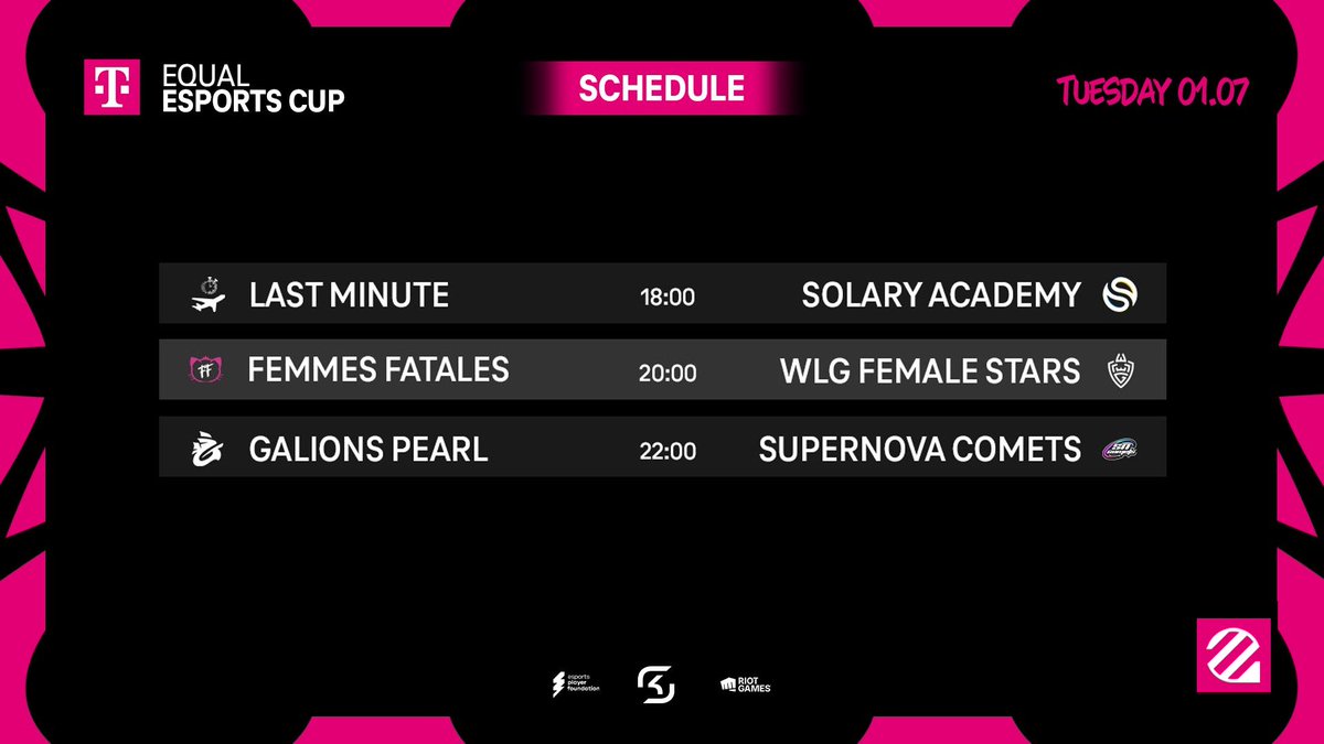 The EUniverse (@the_euniverse) on Twitter photo The 1st day of #EqualEsportsCup starts tomorrow and here is our broadcast schedule:-
1800H: <a href="/LastMinAirlines/">Last Minute Airlines</a> vs <a href="/SolaryTV/">Solary</a>
2000H: <a href="/FemFatales_LoL/">Femmes Fatales | WNB Team LFO</a> vs <a href="/WLGgr/">WLGaming Esports</a>
2200H: <a href="/Galions_/">Galions</a> vs <a href="/SNComets/">Supernova Comets</a>
We'll post our talent lineups daily. See you tomorrow ๐
Stream: twitch.tv/euniverse_tv The 1st day of #EqualEsportsCup starts tomorrow and here is our broadcast schedule:-
1800H: <a href="/LastMinAirlines/">Last Minute Airlines</a> vs <a href="/SolaryTV/">Solary</a>
2000H: <a href="/FemFatales_LoL/">Femmes Fatales | WNB Team LFO</a> vs <a href="/WLGgr/">WLGaming Esports</a>
2200H: <a href="/Galions_/">Galions</a> vs <a href="/SNComets/">Supernova Comets</a>
We'll post our talent lineups daily. See you tomorrow ๐
Stream: twitch.tv/euniverse_tv