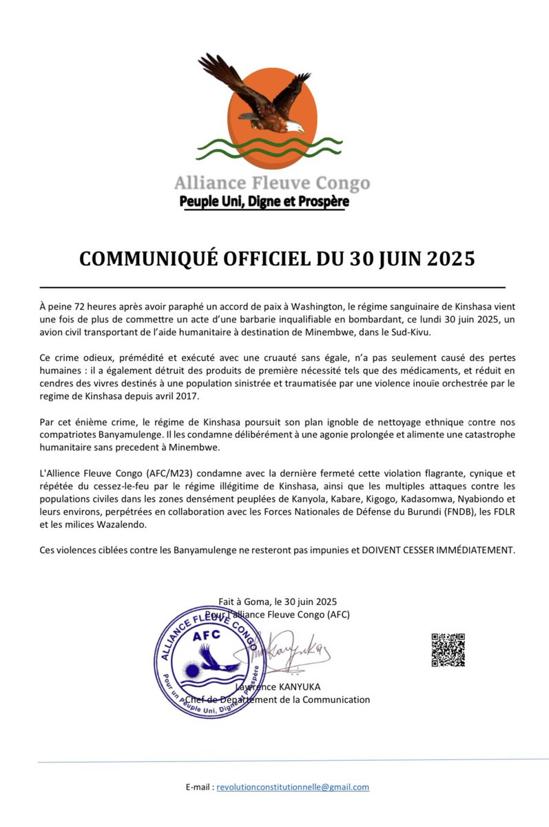 J’ai pas les mots pour ce qu’ils ont fait à Minembwe.... Si ça, ce n’est pas une déclaration de guerre contre les innocents, alors c’est quoi ? Kinshasa n’a jamais voulu la paix. On doit arrêter d’espérer.
<a href="/LawrenceKanyuka/">Lawrence KANYUKA</a> <a href="/bbisimwa/">Bertrand Bisimwa</a> <a href="/SugiraMireille/">Sugira Mireille🇨🇩</a> <a href="/RealManziWilly/">Manzi Willy</a> <a href="/WillyNG0MA/">Willy NGOMA</a>