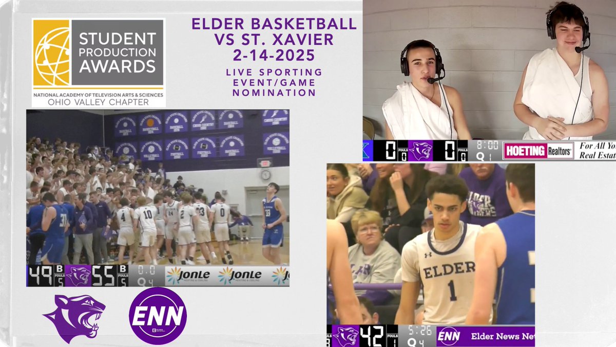 Congratulations to Nick Liderbach, Sam Tucker, Toby Brubaker, CJ Shondel, and Joey Mathews on their nomination for an Ohio Valley Emmy Student Production Award for their broadcast of Elder Basketball vs St. Xavier on 2-14-2025! #Altiora
