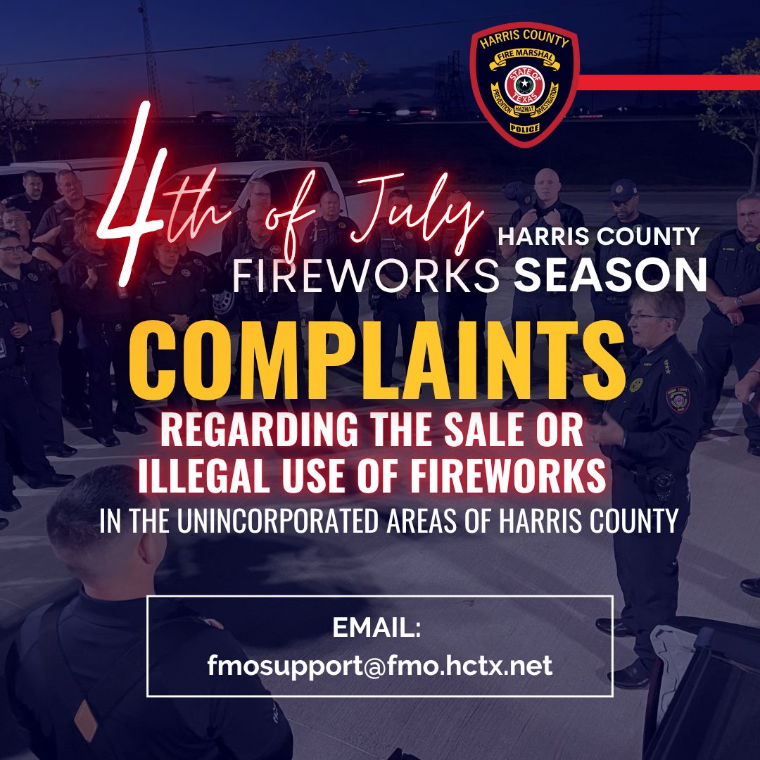 @hcfmo (@hcfmo) on Twitter photo If you witness illegal fireworks sales or use in unincorporated Harris County, we encourage you to report it to us.
Email your complaint to fmosupport@fmo.hctx.net. Your report helps us keep our community safe! If you witness illegal fireworks sales or use in unincorporated Harris County, we encourage you to report it to us.
Email your complaint to fmosupport@fmo.hctx.net. Your report helps us keep our community safe!