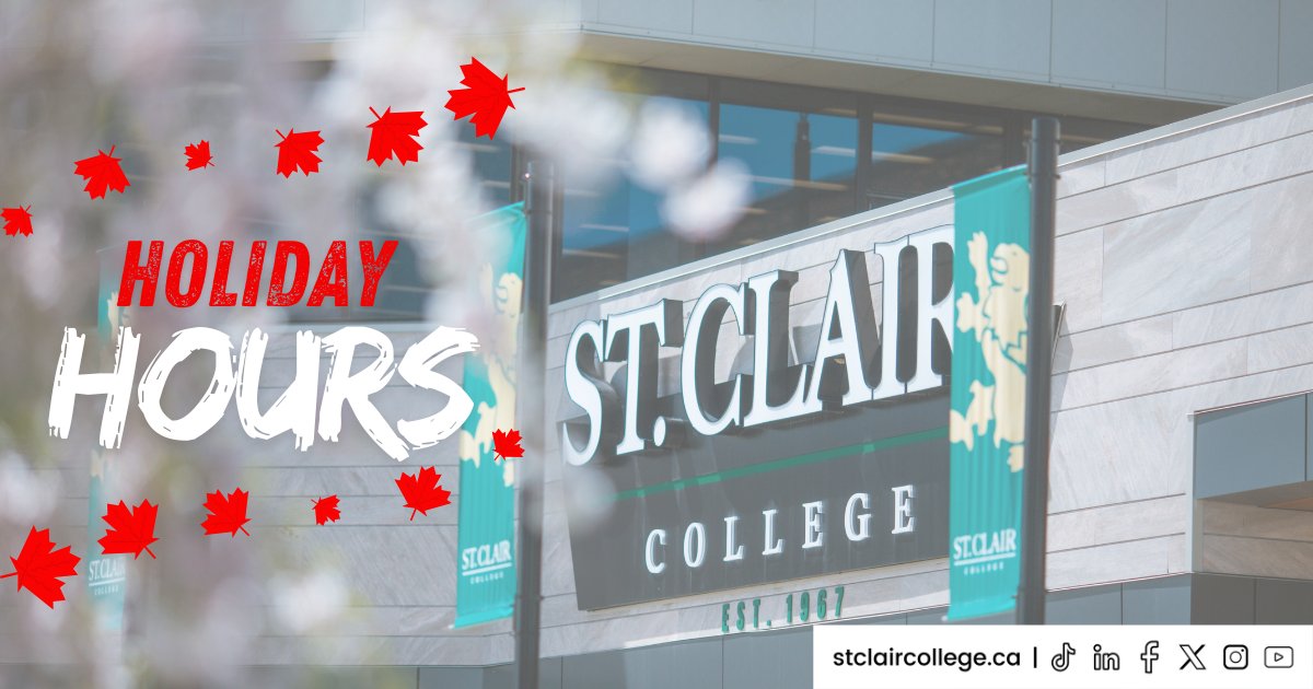 In observance of Canada Day, all college offices and food services will be closed tomorrow on Tuesday, July 1, 2025. There are no classes scheduled, and they will resume on Wednesday, July 2. #SaintsNation enjoy! 🌞
📍 Campus Access for July 1, 2025: stclaircollege.ca/hours