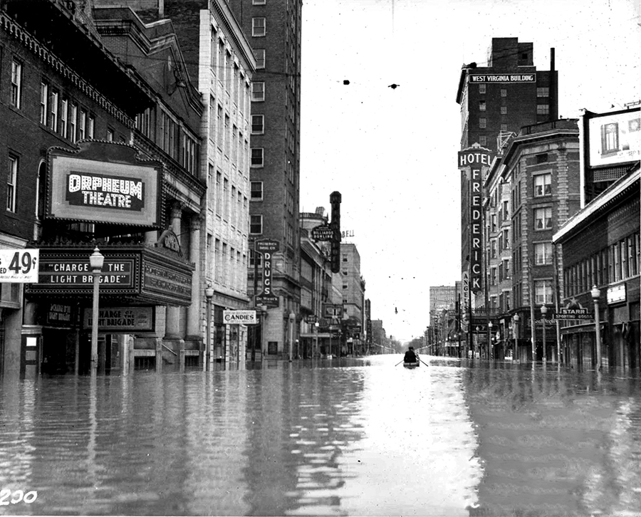 In 1937, the worst flooding in Huntington occurred on January 28th. The river crested at a record 69.45 feet, more than 19 feet above flood stage. Following the disaster, the U.S. Army Corps of Engineers constructed an 11-mile floodwall to protect the city from future floods.