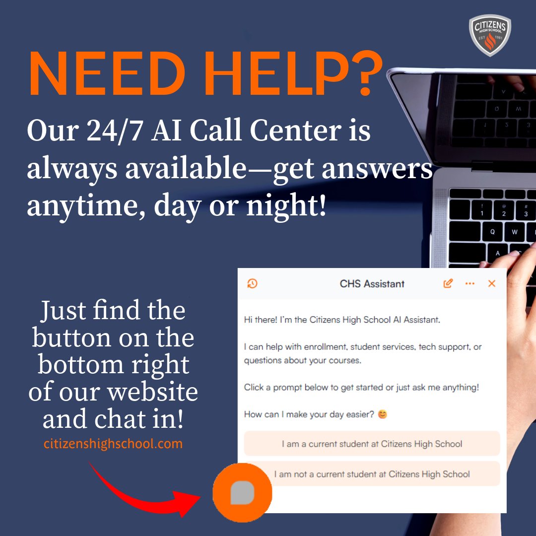 CitizensHS's tweet photo. Citizens High School is proud to offer 24/7 support! Whether it’s midnight or Sunday morning, our AI Call Center can answer your questions right away. Just visit our site and click the button at the bottom right: https://t.co/vqTX8ve5wr https://t.co/lZjf5VtfMu