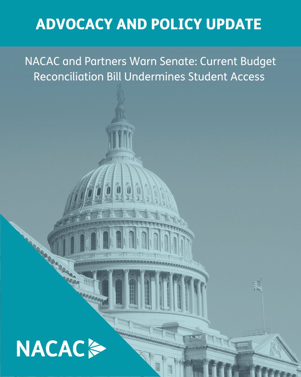 NACAC joins the American Council on Education (ACE) and a coalition of higher education organizations urging the Senate to revise harmful provisions in the reconciliation bill. Read the letter: nacacnet.org/advocacy/take-…