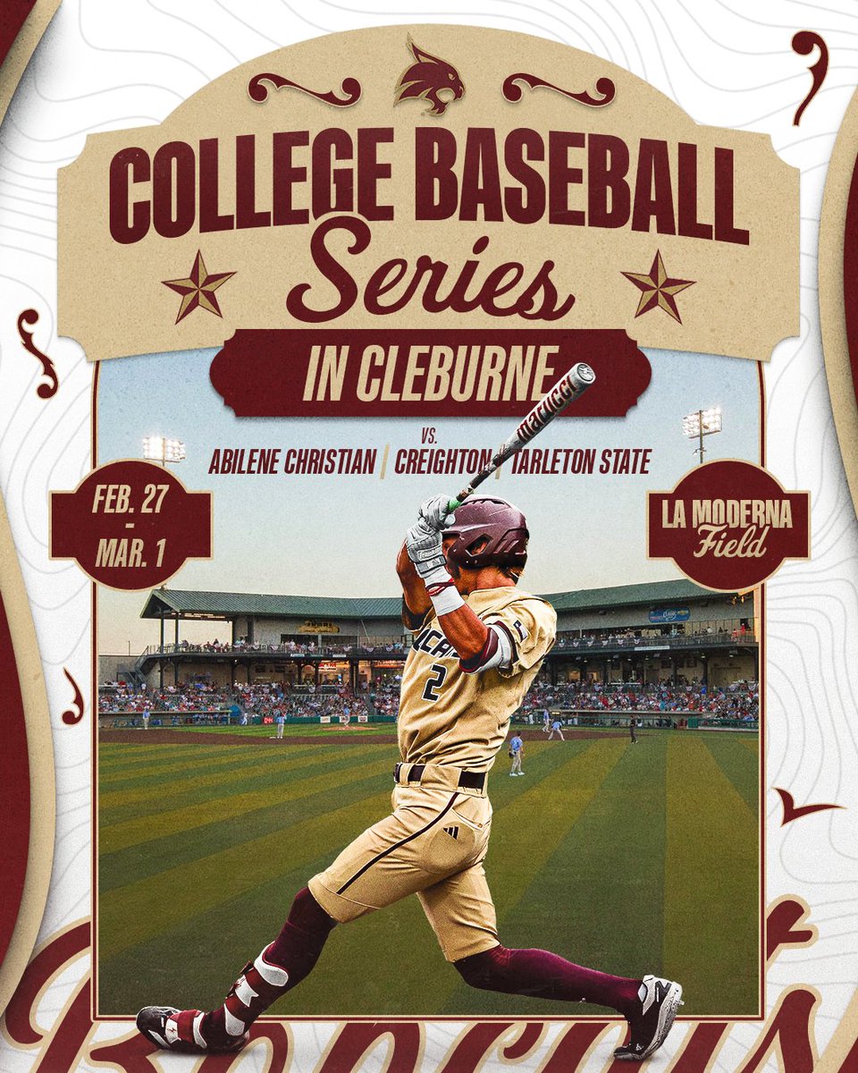 Texas State Baseball (@txstatebaseball) on Twitter photo The Bobcats will play in the inaugural College Baseball Series in Cleburne from Feb. 27-Mar. 1, 2026.
๐ฐ: bit.ly/4lAO19u
#EatEmUp #SlamMarcos x <a href="/CBS_Cleburne/">College Baseball Series - Cleburne</a> The Bobcats will play in the inaugural College Baseball Series in Cleburne from Feb. 27-Mar. 1, 2026.
๐ฐ: bit.ly/4lAO19u
#EatEmUp #SlamMarcos x <a href="/CBS_Cleburne/">College Baseball Series - Cleburne</a>