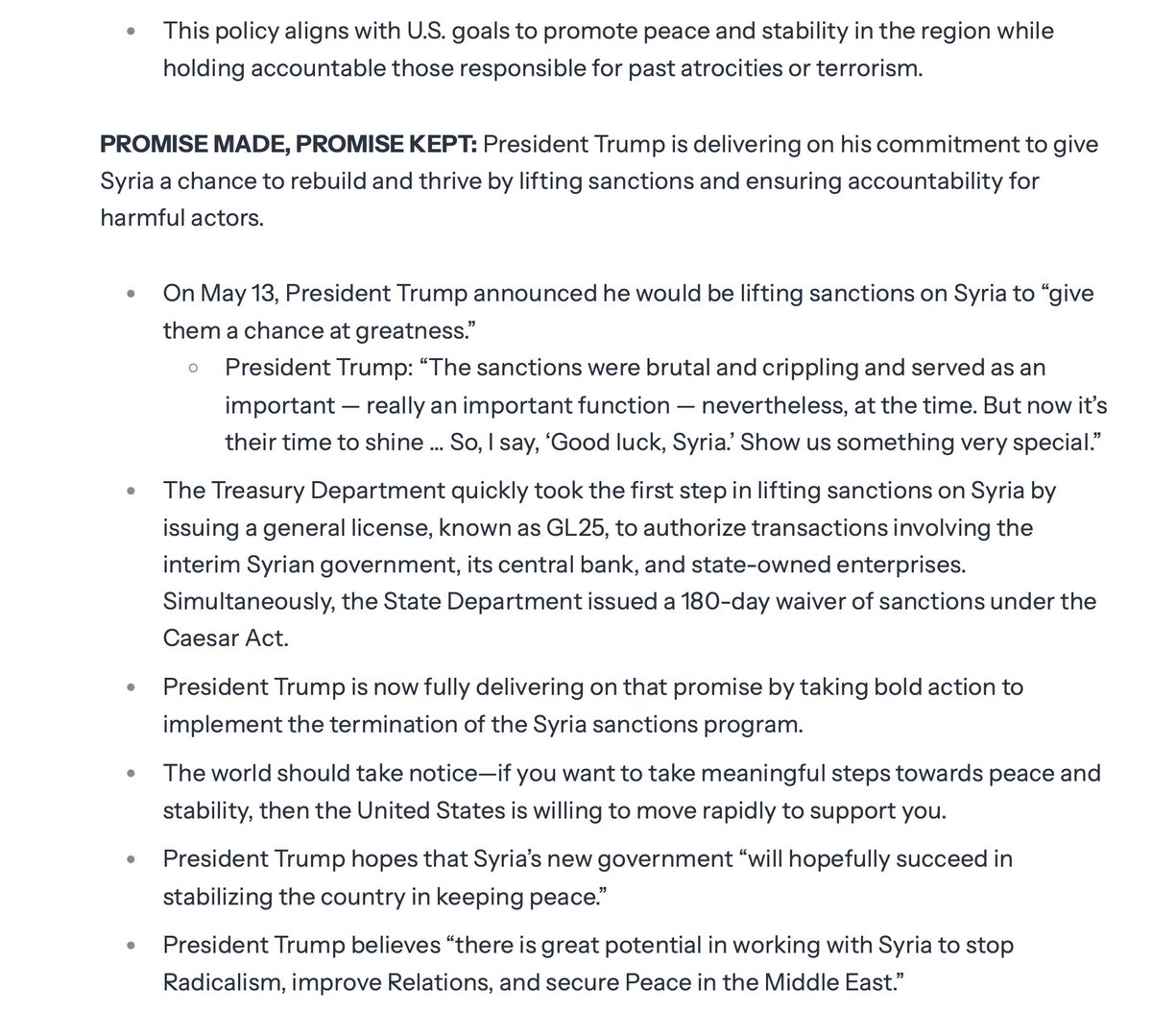 Charles Lister (@charles_lister) on Twitter photo NEW -- #Trump has signed an executive order "terminating the Syria sanctions program to support the country’s path to stability and peace."
Full details, from <a href="/WhiteHouse/">The White House</a> suggest there's still process needed & some qualifications/conditions remain in place. NEW -- #Trump has signed an executive order "terminating the Syria sanctions program to support the country’s path to stability and peace."
Full details, from <a href="/WhiteHouse/">The White House</a> suggest there's still process needed & some qualifications/conditions remain in place.