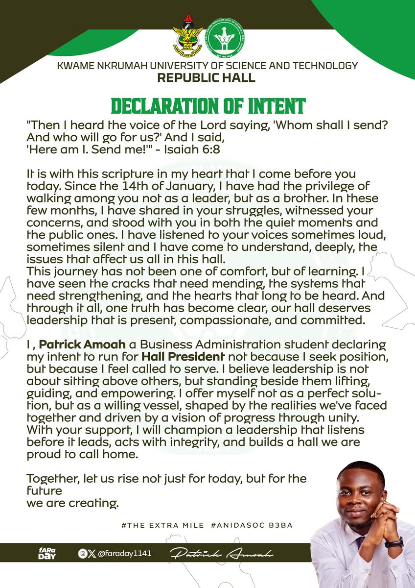 faraday1141's tweet image. With a heart ready to serve and a vision fueled by unity, I, Patrick Amoah, humbly declare my intent to run for Republic Hall President