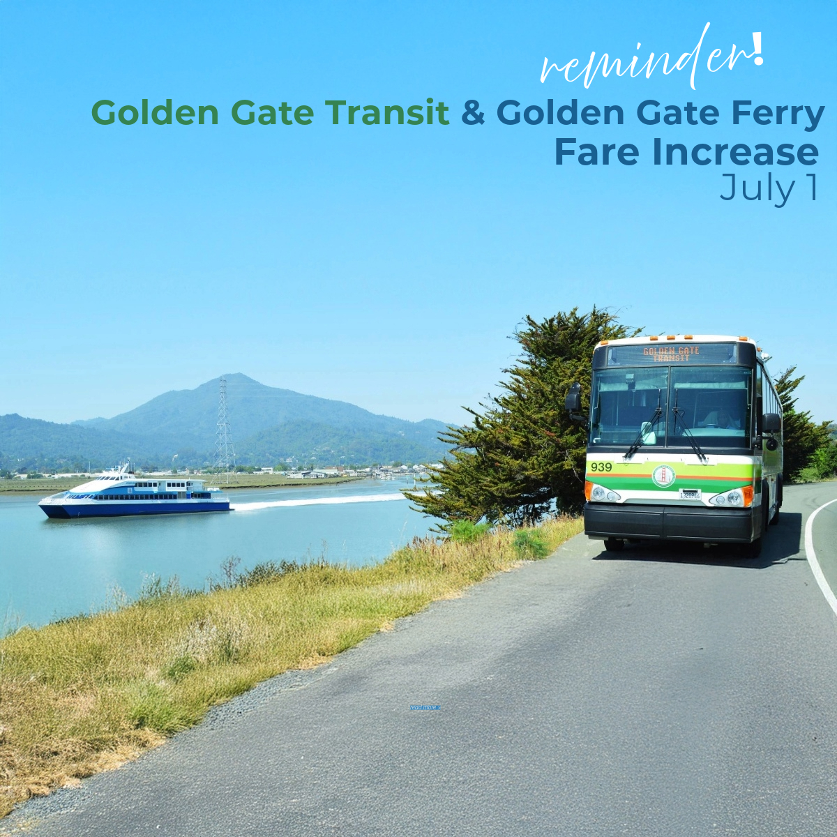On Tuesday, 7/1, as part of a5 year fare program, most Golden Gate Transit &amp; Golden Gate Ferry fares will increase up to $0.25. All discount fare programs will remain in effect. Marin &amp; Sonoma local bus fares, Giants Ferry fares will NOT increase.  goldengate.org/ggt--ggf-regio…