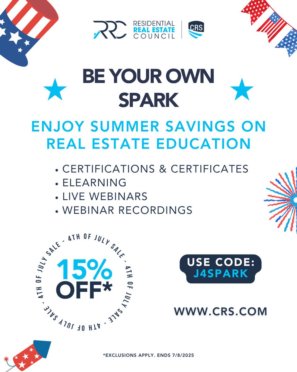 🔥 Be your own spark this 4th of July with 15% off select RRC education! From certifications to live webinars and on-demand recordings, now’s the time to ignite your momentum and fuel your real estate success. 💥 #RealEstateEducation #ContinuingEducation - bit.ly/4fx0JCC