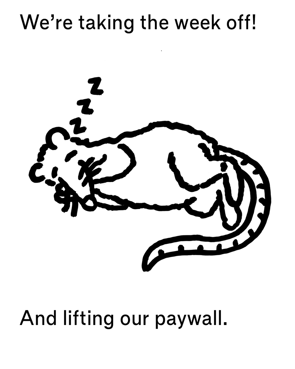 nyreviewofarch's tweet image. NYRA’s taking the week off! In the meantime, our paywall will be lifted for all articles—you just have to register on our website.
While we are out, please refrain from ending congestion pricing, making paeans to genius, or feeding the rats.
We’ll see you on July 7.