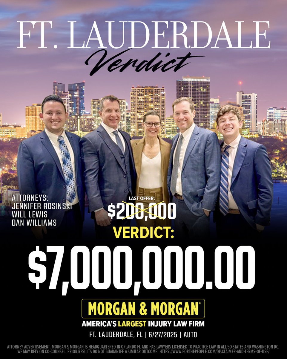 Attorneys Jennifer Rosinski, Will Lewis, and Dan Williams received a $7M verdict for our client in Ft. Lauderdale.

That's 35x the last offer 🔥

Justice has been served #forthepeople